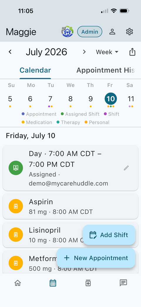 Calendar screen showing appointments, shifts, and medications in the MyCareHuddle app