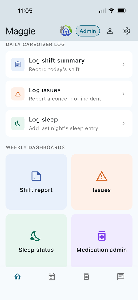 Daily caregiver log screen in the MyCareHuddle app