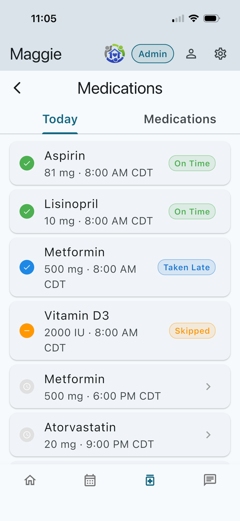 Medication tracking screen in the MyCareHuddle app