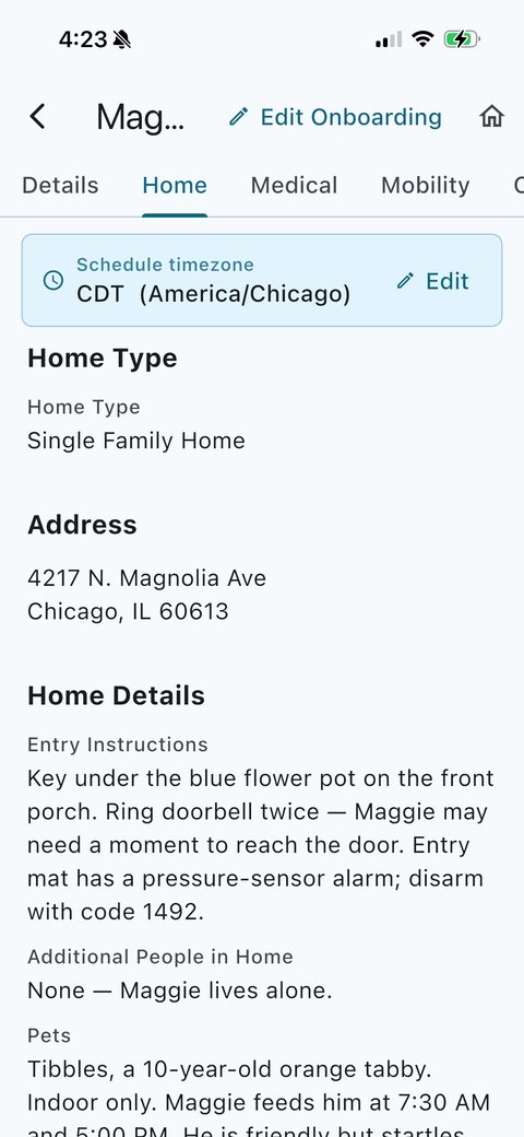 Care recipient profile screen in the MyCareHuddle app